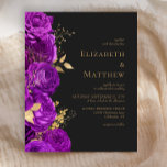 Convite para Casamento Floral Dourado Roxo Preto E<br><div class="desc">Este romântico,  humorístico,  convite floral escuro mostra uma fronteira de flores roxas disparadas com folhagem de folha de papel dourada. Os nomes do casal aparecem em fontes clássicas de serifa dourada,  com o texto restante em itálico,  sobre fundo off-black.</div>