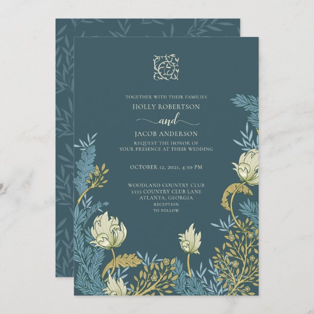 Convite para Casamento Floral Dourado Teal Blue (Frente/Verso)