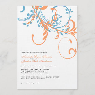 Convite para Casamento Floral Duplo Laranja e Teal