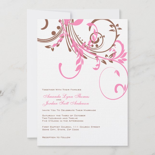 Convite para Casamento Floral Duplo Rosa e Castanh (Frente)
