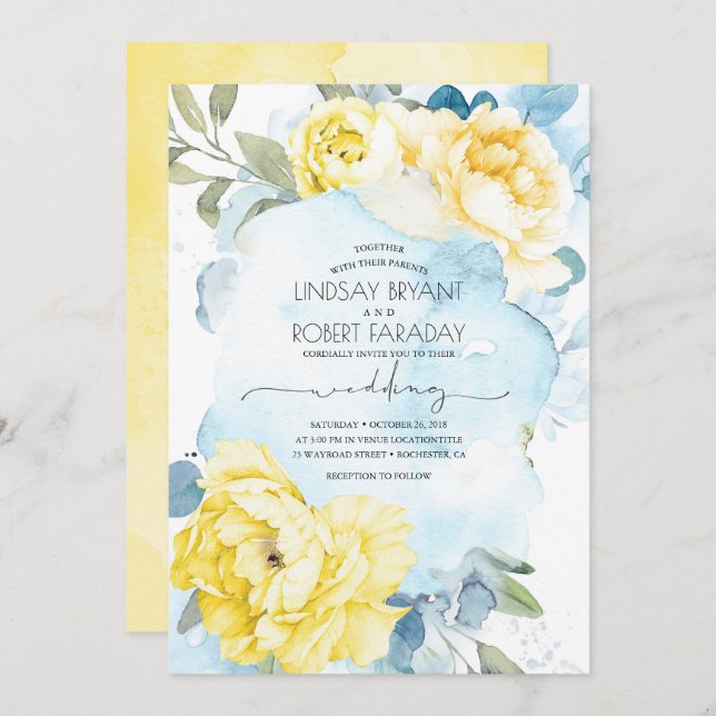 Convite para Casamento Floral Dusty Blue e Yellow (Frente/Verso)