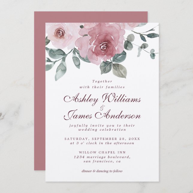Convite para Casamento Floral Dusty Rosa Burgundy (Frente/Verso)