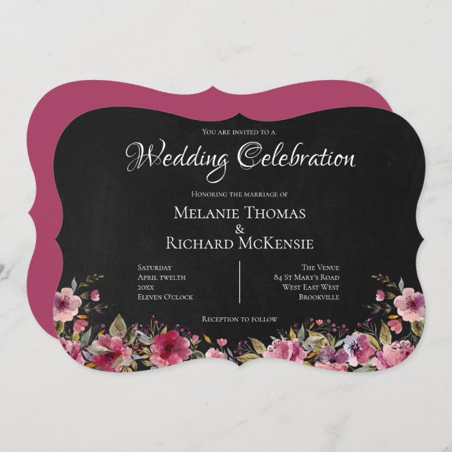 Convite para Casamento Floral e Chalkboard Rosa (Frente/Verso)