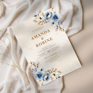 Convite para Casamento Floral Elegante Azul e Cast