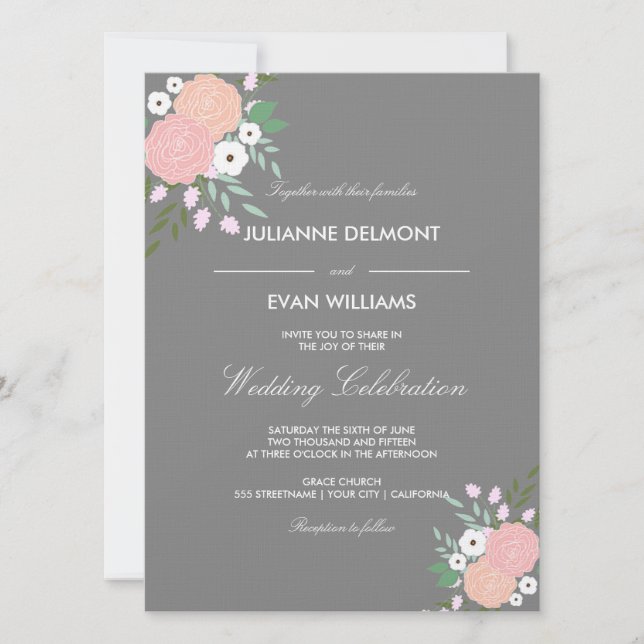 Convite para casamento floral elegante - cinzas (Frente)