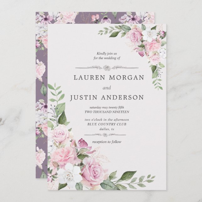 Convite para casamento floral elegante do rosa Gar (Frente/Verso)
