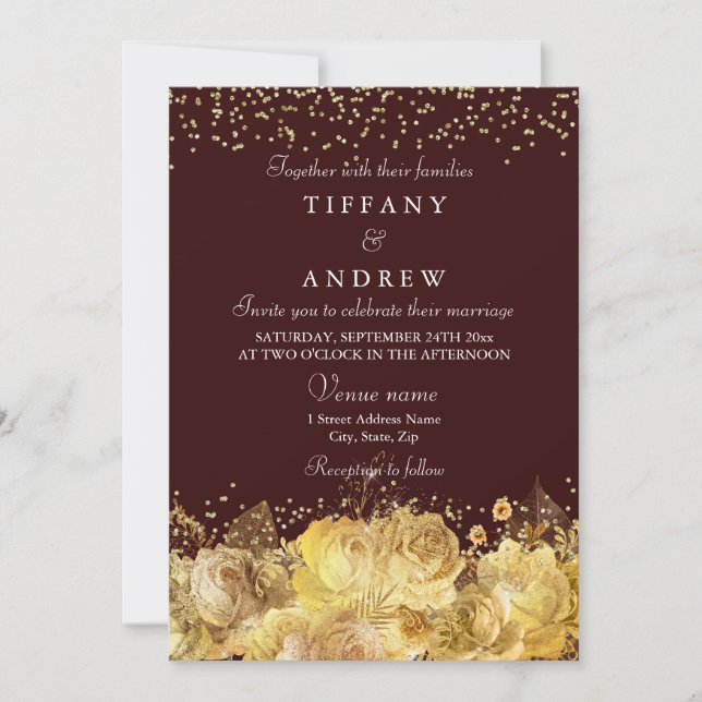 Convite para Casamento Floral Elegante Dourado e B (Frente)