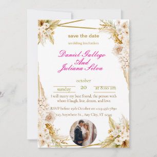 Convite para Casamento Floral Elegante Dourado e B