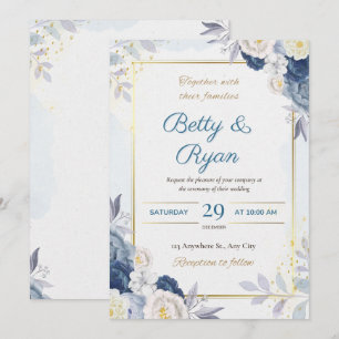 Convite para Casamento Floral Elegante Ivory & Blu