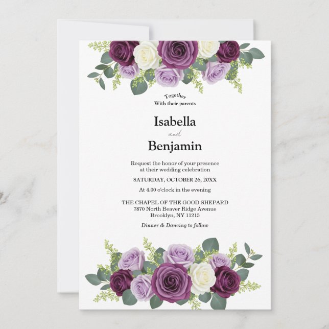 Convite para Casamento Floral Elegante Roxo e Marf (Frente)