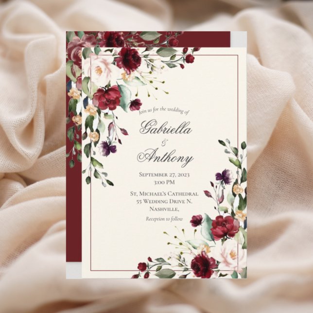 Convite Para Casamento Floral Eucalyptus Burgundy (Criador carregado)