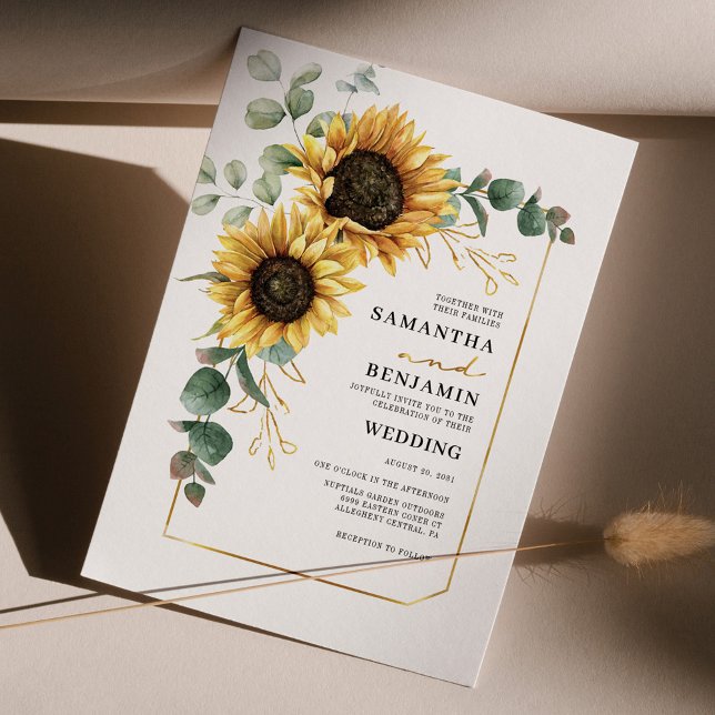 Convite para Casamento Floral Eucalyptus Sunflower (Sunflower Eucalyptus Elegant Botanical Wedding Invitation)
