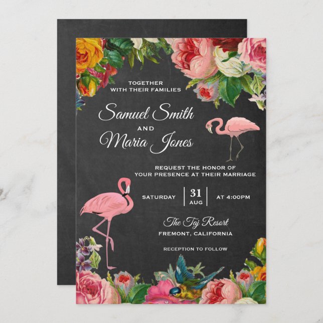 Convite para Casamento Floral Flamingo Chalkboard (Frente/Verso)
