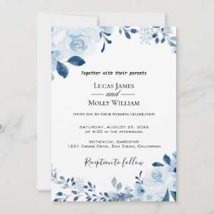 Convite para Casamento Floral Francês Azul Moderno