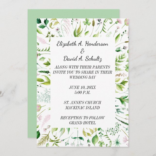 Convite para Casamento Floral Greenery (Frente/Verso)