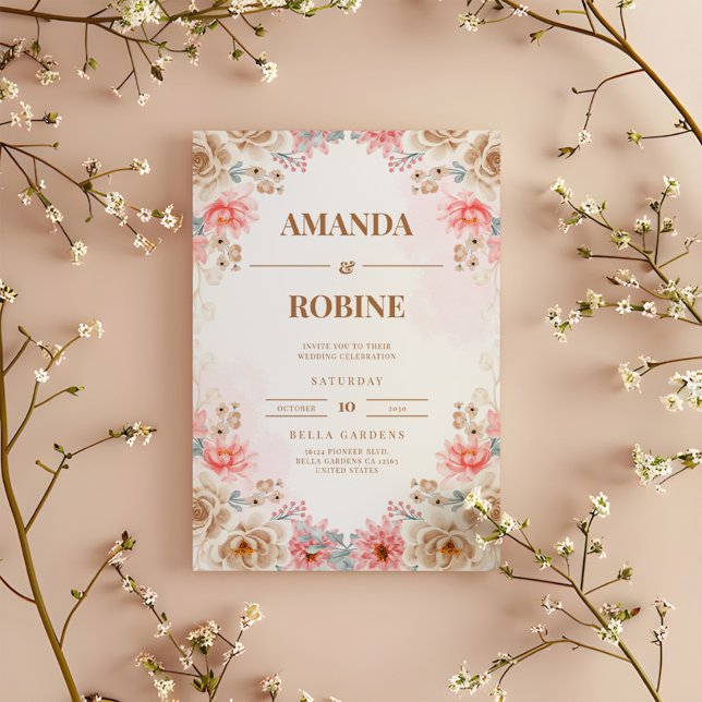 Convite para Casamento Floral Moderno Blush & Beig (Criador carregado)