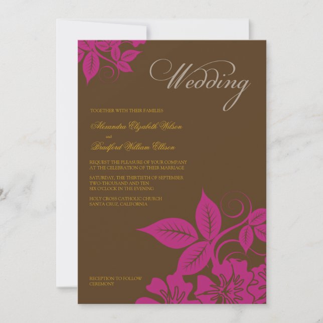 Convite para Casamento Floral Moderno Fuchsia/Brow (Frente)