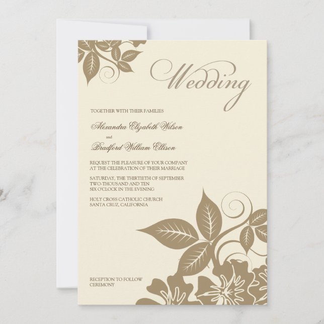 Convite para Casamento Floral Moderno Mocha/Cream (Frente)