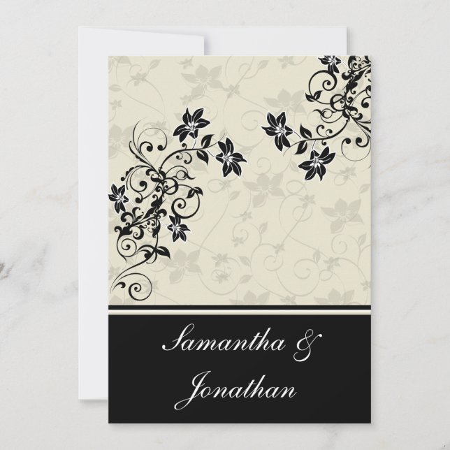 Convite para Casamento Floral Negro e Branco (Frente)