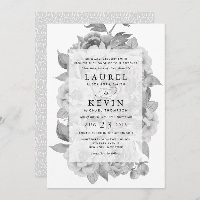 Convite para Casamento Floral Preto e Branco Vinta (Frente/Verso)