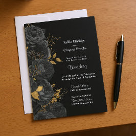 Convite Para Casamento Floral Preto E Dourado