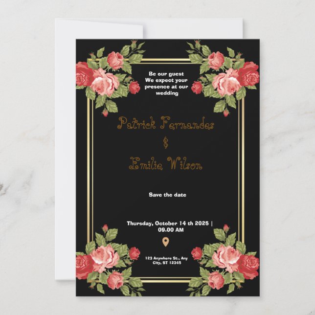 Convite para Casamento Floral Preto e Dourado (Frente)