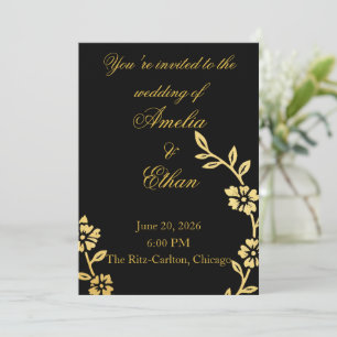 Convite para Casamento Floral Preto e Dourado   El