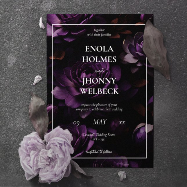 Convite para Casamento Floral Puro-Moody Escuro (Dark Moody Purple Floral Wedding Invitation)
