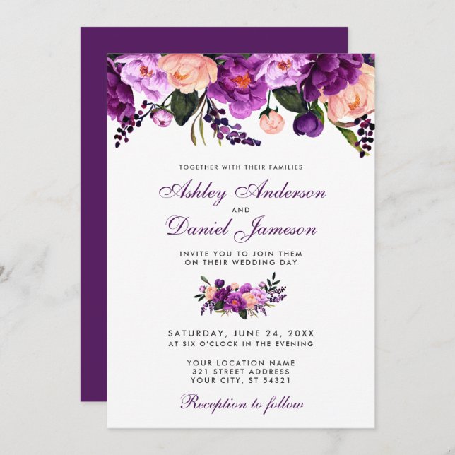 Convite para Casamento Floral Puro Ultra Violet PS (Frente/Verso)