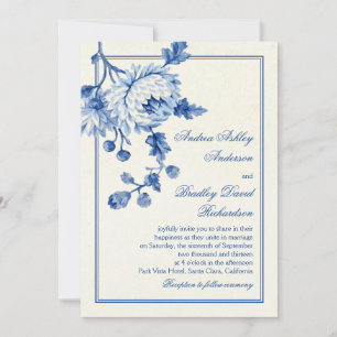 Convite para Casamento Floral Real Blue Ivory Toil