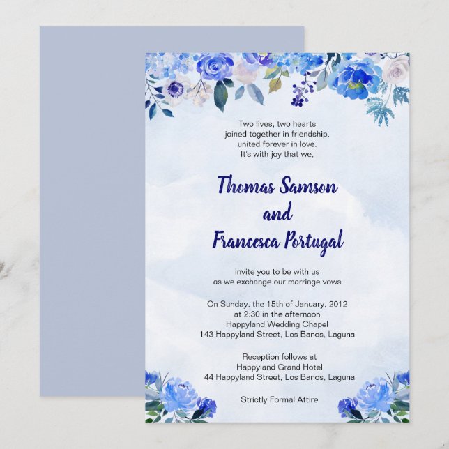 Convite para Casamento Floral Real Blue Watercolor (Frente/Verso)