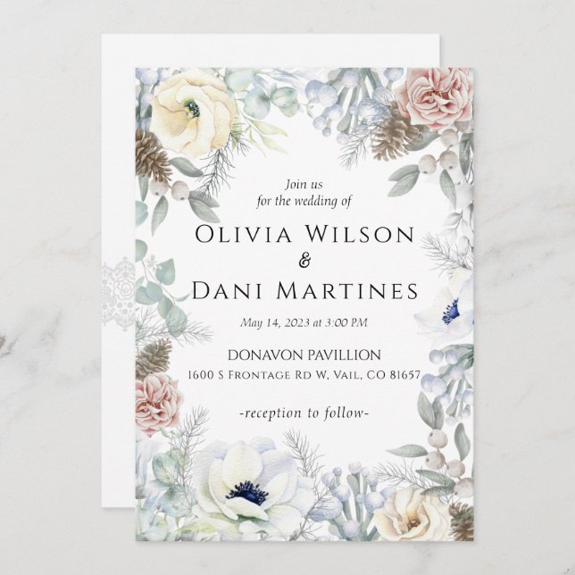 Convite para Casamento Floral Romântico Blush Bran (Frente/Verso)