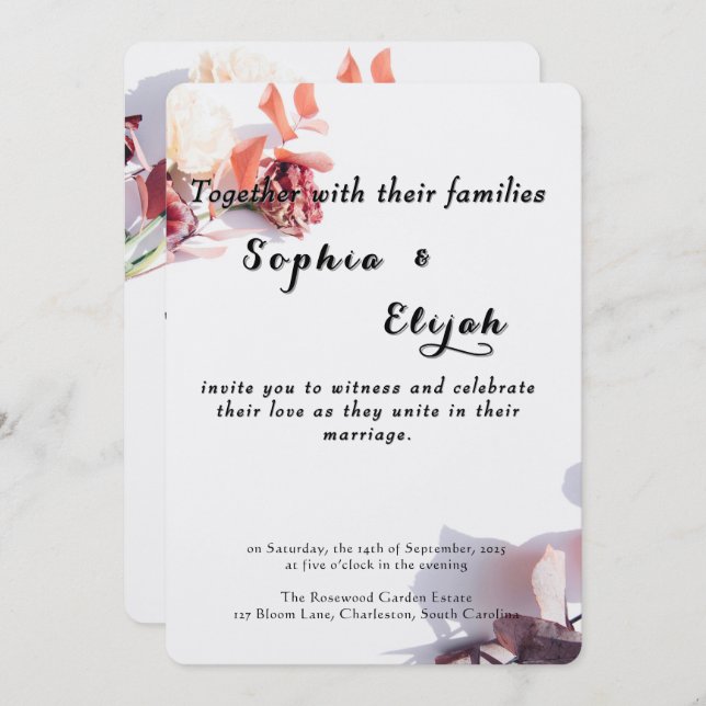 Convite para Casamento Floral Romântico Elegante (Frente/Verso)