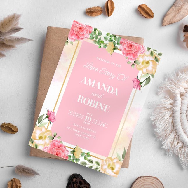 Convite para Casamento Floral Rosa Brilhante (Criador carregado)