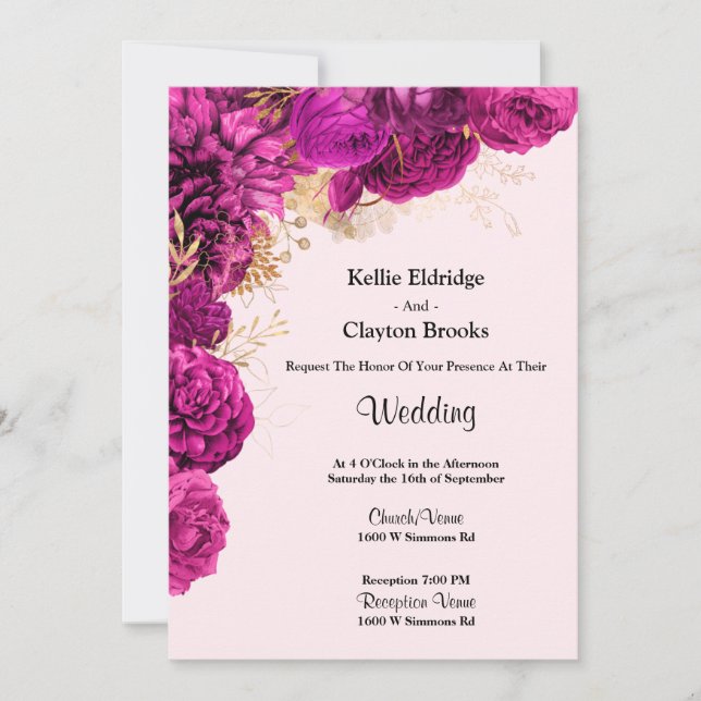 Convite Para Casamento Floral Rosa E Dourado (Frente)