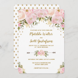 Convite Para Casamento Floral Rosa E Dourado