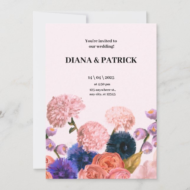 Convite para Casamento Floral Rosa e Púrpura (Frente)