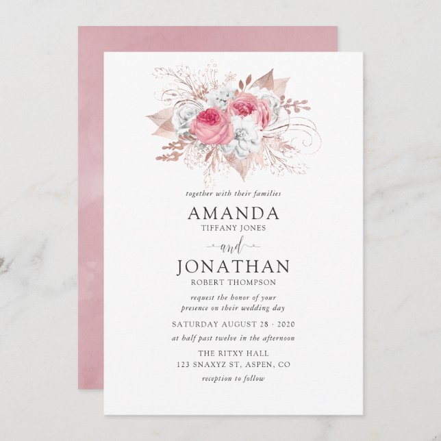 Convite para Casamento Floral Rosa e Rosa Esbranqu (Frente/Verso)