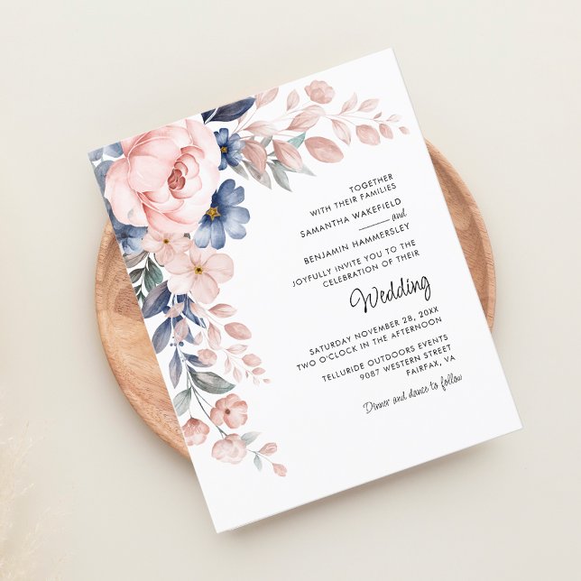 Convite para Casamento Floral Rosa Elegante (Blush Pink Floral Script Elegant Wedding Budget Invitation)