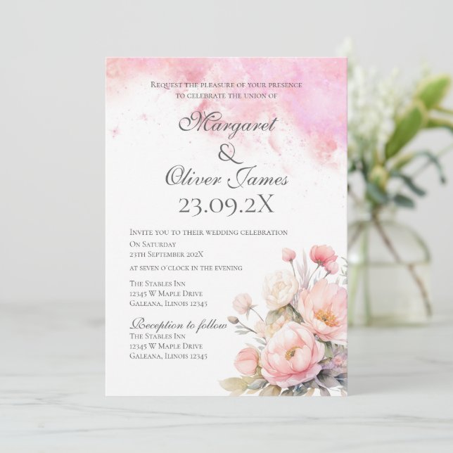Convite para Casamento Floral Rosa Elegante (Em pé/Frente)