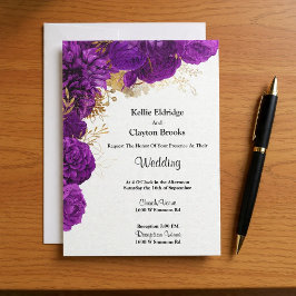 Convite Para Casamento Floral Roxo E Dourado