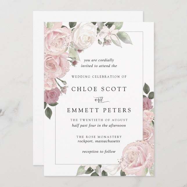 Convite para Casamento Floral Russo Rosa Rosa Rosa (Frente/Verso)