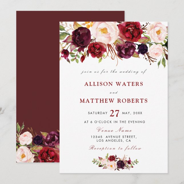 convite para casamento floral rustic burgundy (Frente/Verso)