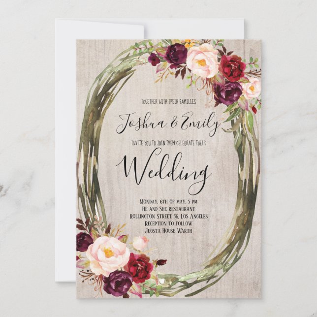 Convite para Casamento Floral Rustic Burgundy Peon (Frente)