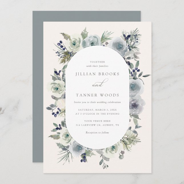 Convite para Casamento Floral Silver Winter (Frente/Verso)