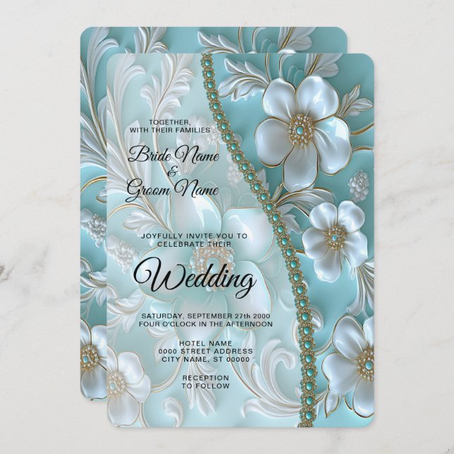Convite para Casamento Floral Teal White (Frente/Verso)