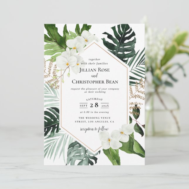 convite para casamento floral tropical (Em pé/Frente)