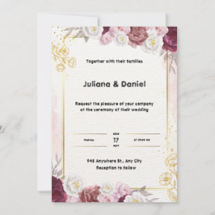 Convite para Casamento Floral Vermelho e Dourado