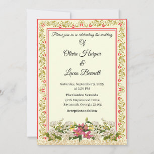 Convite para Casamento Floral Vermelho e Dourado E