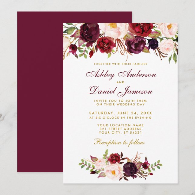 Convite para Casamento Floral Watercolor Burgundy  (Frente/Verso)